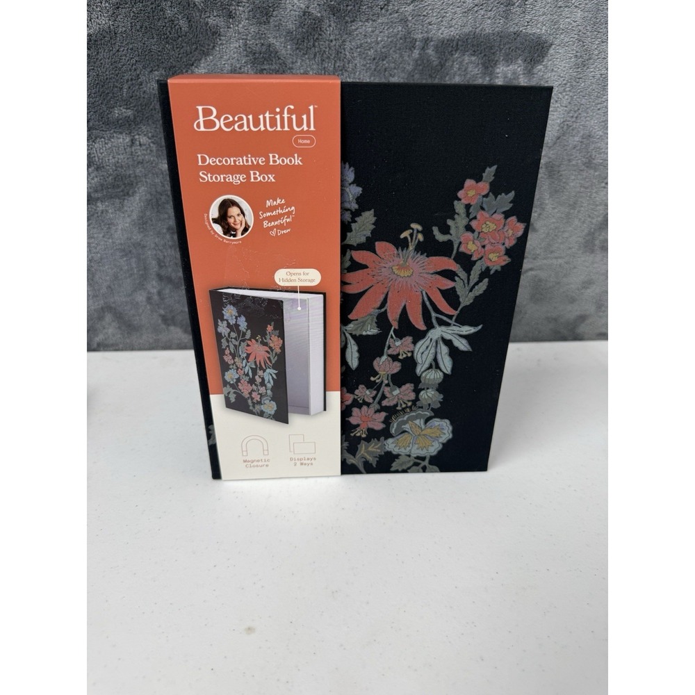 Beautiful Floral Faux Book Deco Storage Box by Drew Barrymore, 7" x 9", Black